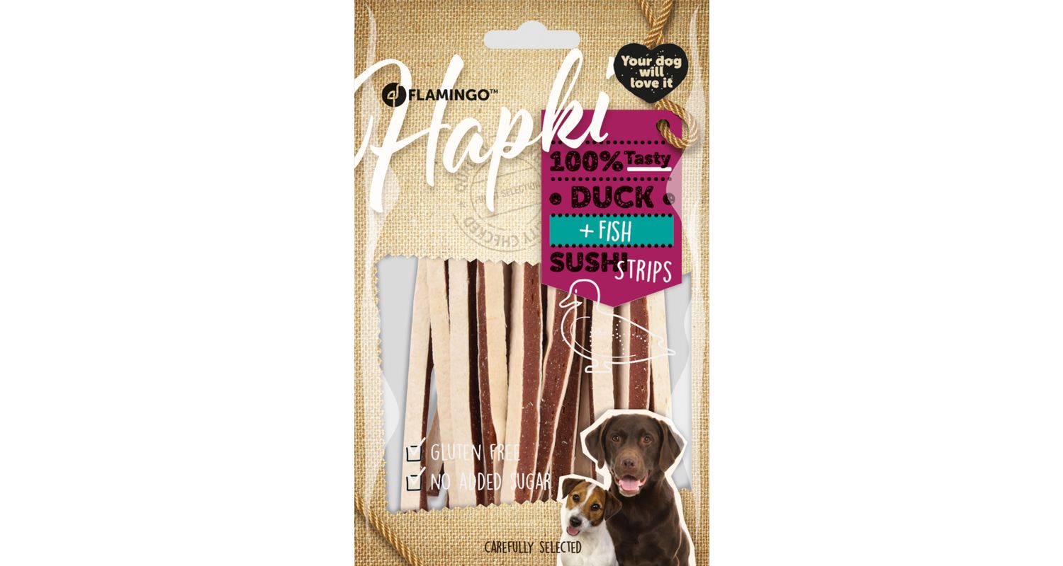 Flamingo Hapki Duck + Fish Sushi Strips närimismaius koerale 85g 1 Flamingo Hapki Duck + Fish Sushi Strips närimismaius koerale 85g