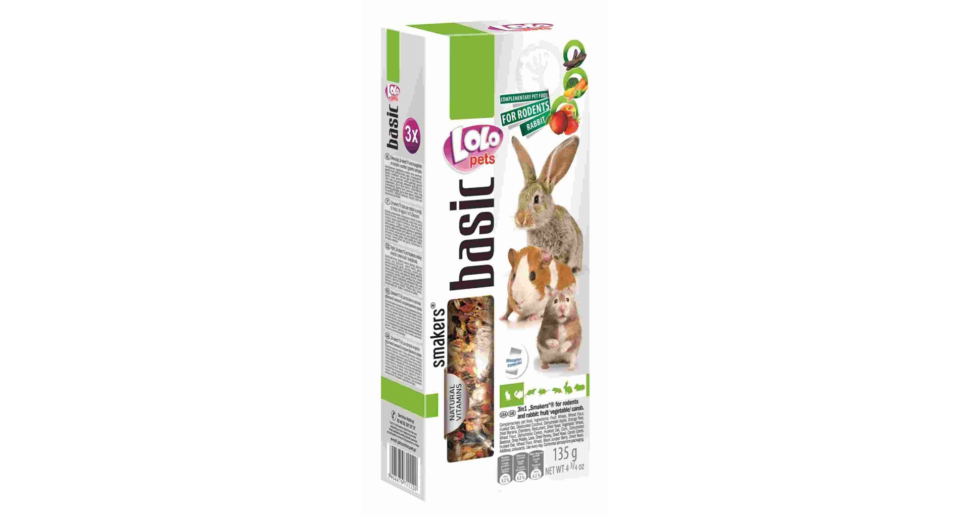 LoLo Pets Smakers 3in1 maiusepulgad närilistele köögiviljade, puuviljade ja jaanikaunadega 3tk 135g 1 LoLo Pets Smakers 3in1 maiusepulgad närilistele köögiviljade, puuviljade ja jaanikaunadega 3tk 135g