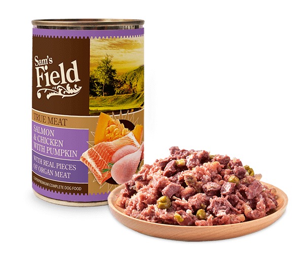 Sam & Field Salmon & Chicken with Pumpkin konserv koertele 400g 1 Sam & Field Salmon & Chicken with Pumpkin konserv koertele 400g