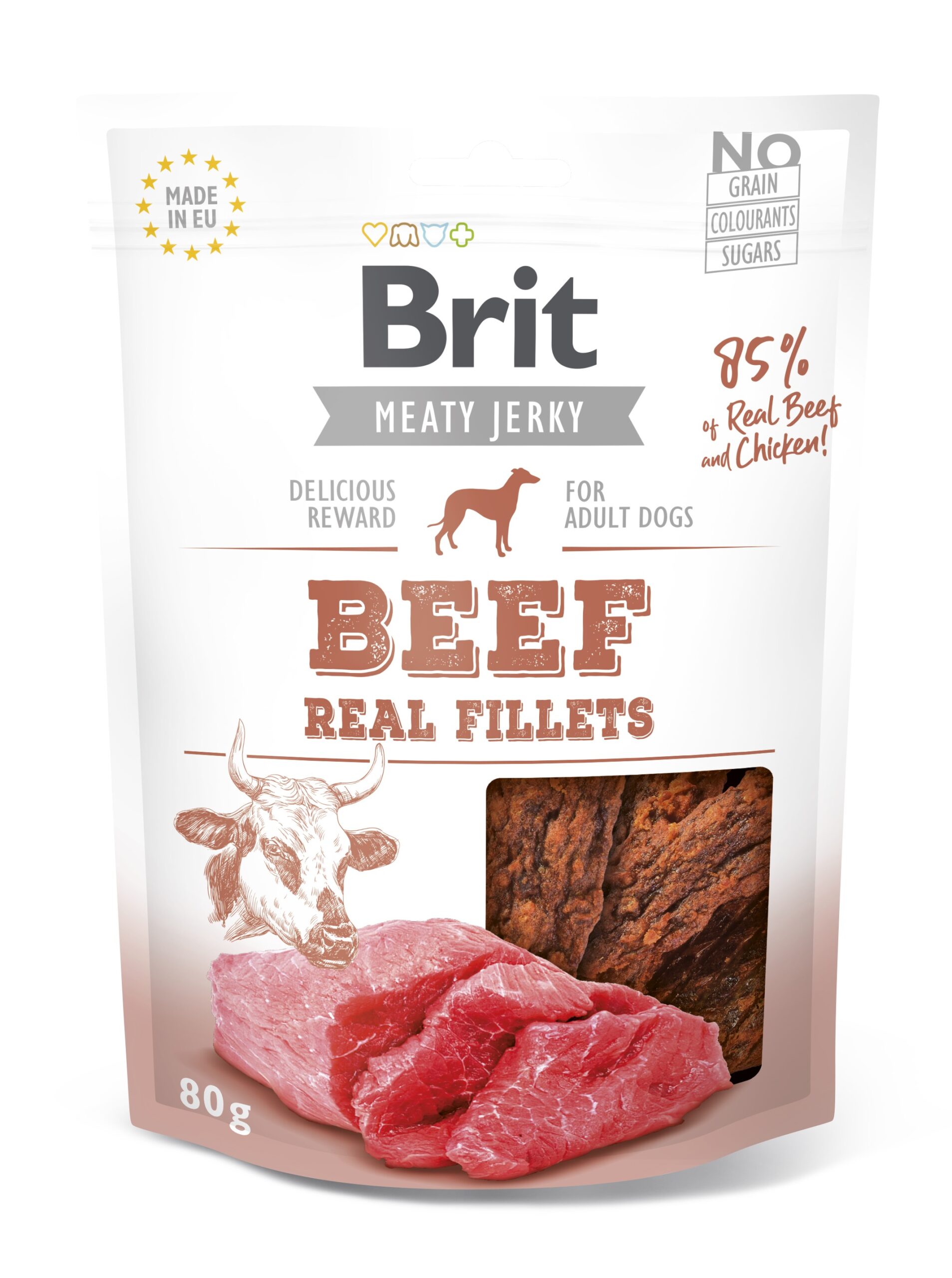 Brit Jerky Beef Real Fillets Snack nÀrimismaius koertele 80g 1 Brit Jerky Beef Real Fillets Snack nÀrimismaius koertele 80g
