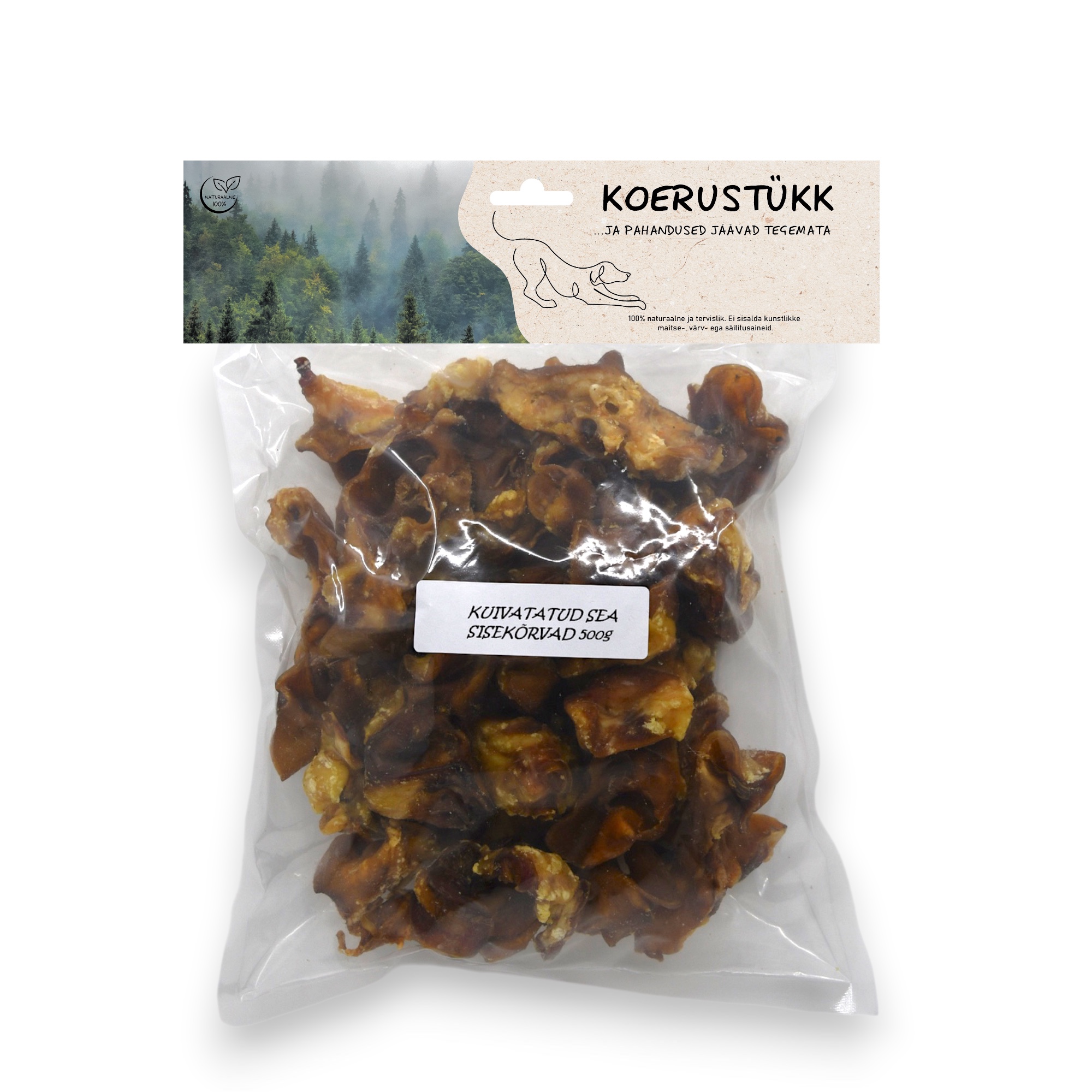Koerustükk kuivatatud sea sisekõrvad koerale 500g 1 Koerustükk kuivatatud sea sisekõrvad koerale 500g