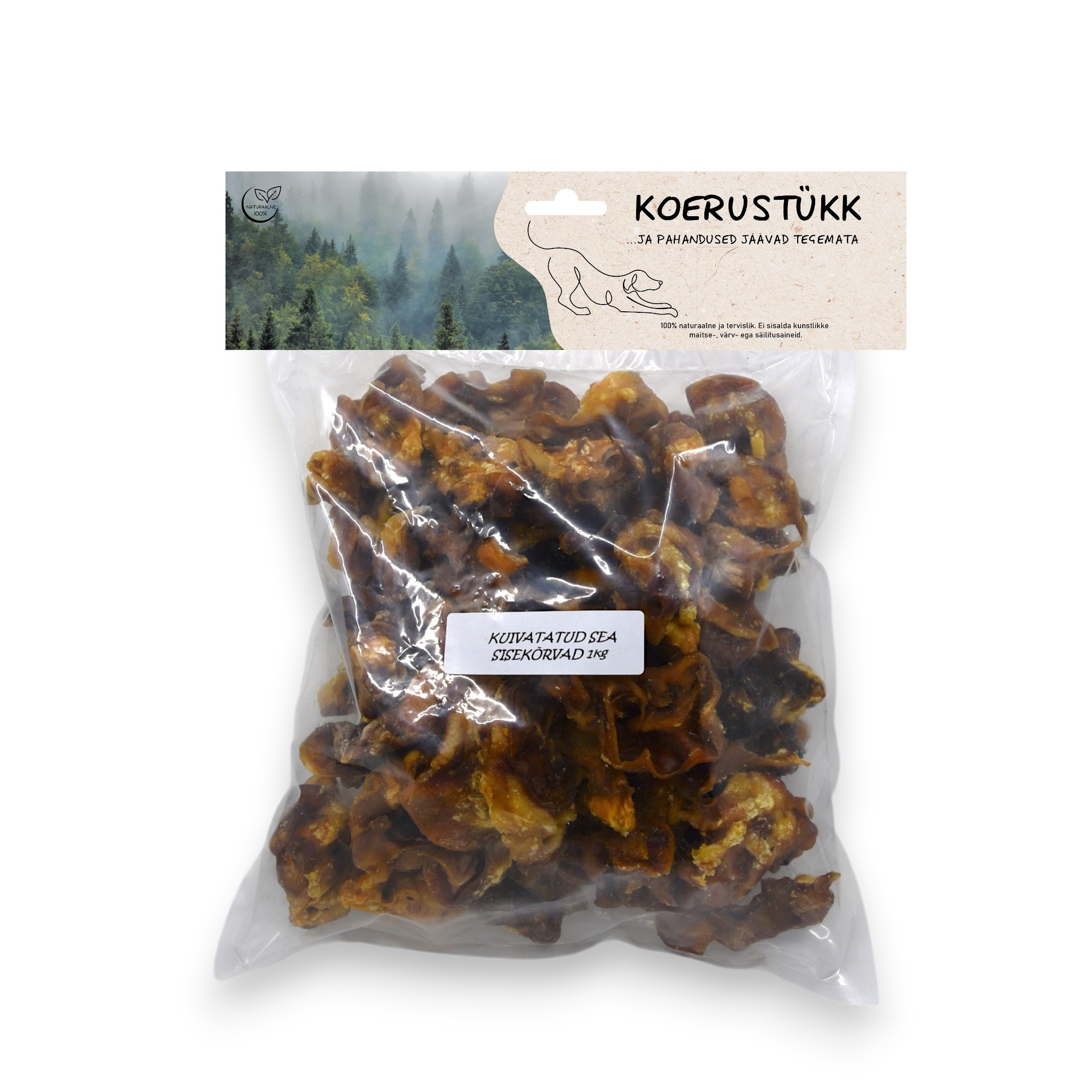 Koerustükk kuivatatud sea sisekõrvad koerale 1kg 1 Koerustükk kuivatatud sea sisekõrvad koerale 1kg