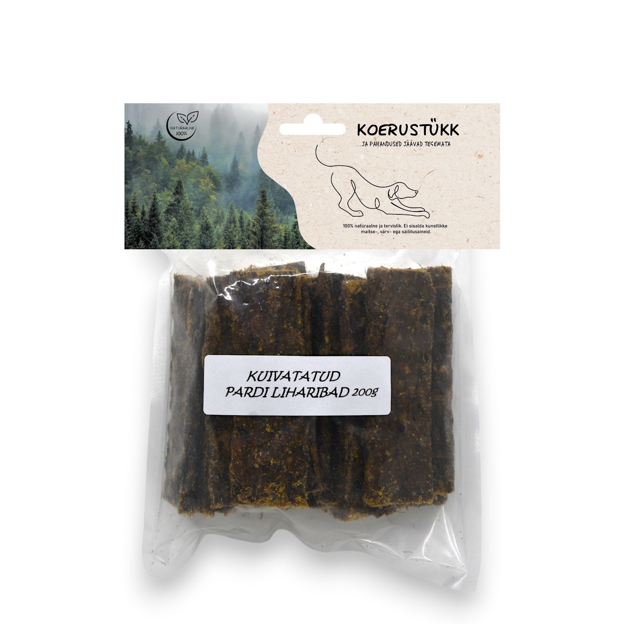 Koerustükk kuivatatud pardi liharibad koerale 200g 1 Koerustükk kuivatatud pardi liharibad koerale 200g