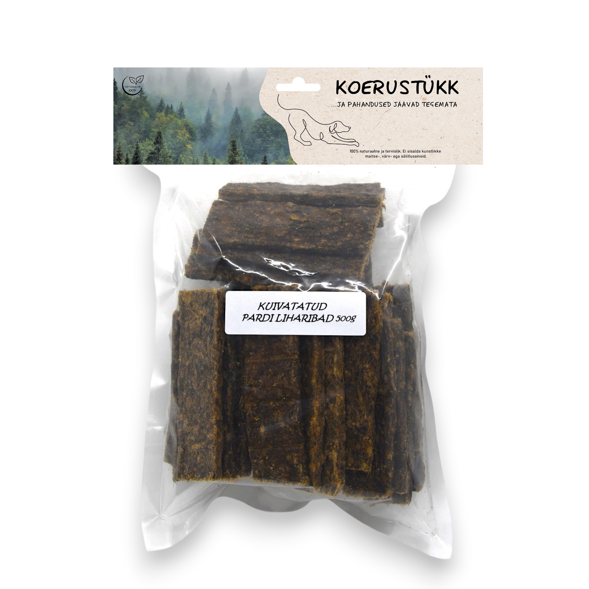 Koerustükk kuivatatud pardi liharibad koerale 500g 1 Koerustükk kuivatatud pardi liharibad koerale 500g