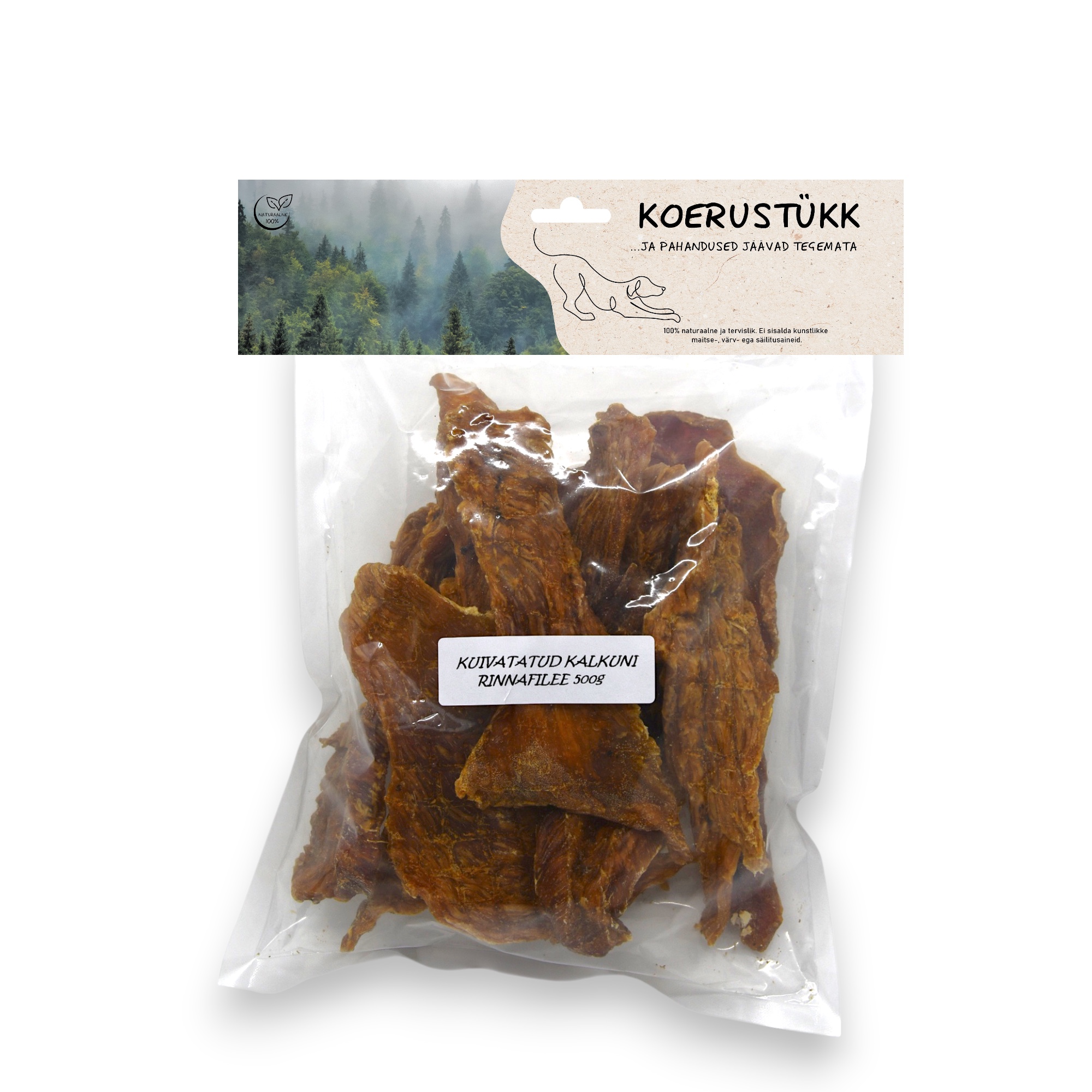 Koerustükk kuivatatud kalkuni rinnafilee koerale 500g 1 Koerustükk kuivatatud kalkuni rinnafilee koerale 500g